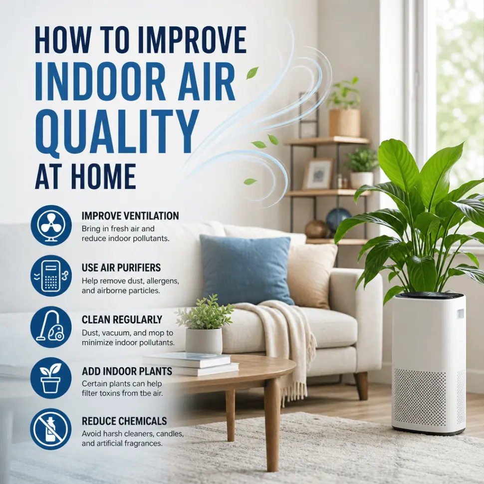 Improving indoor air quality at home with ventilation, air purifiers, and houseplants for a healthier living space