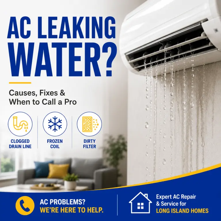 **Alt text:** Wall-mounted air conditioner leaking water inside a home, highlighting common causes such as a clogged drain line, frozen coil, and dirty air filter.