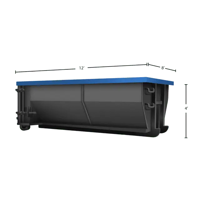 Black roll-off dumpster with blue trim with the dimensions shown: 12' L x 4' H x 8' W