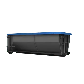 Black roll-off dumpster with blue trim