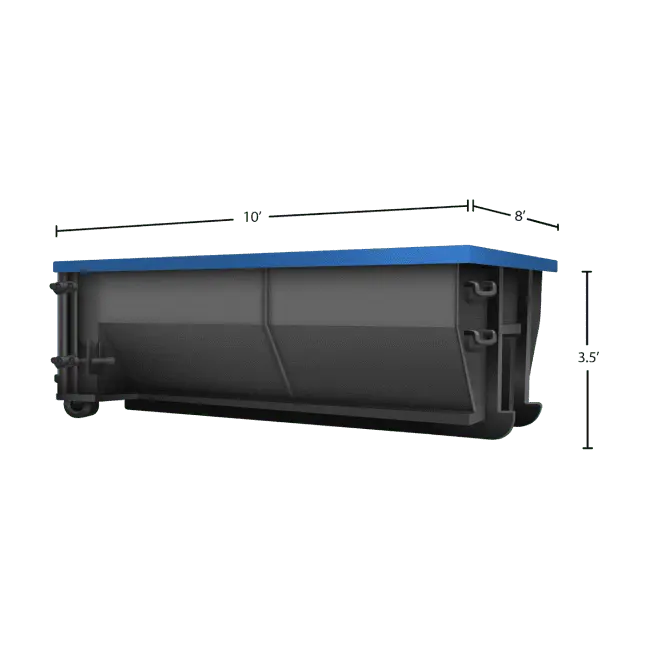 Black dumpster with blue trim, and dimensions of the unit (10' L x 8' W x 3.5' H)