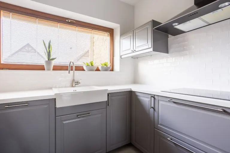 Light kitchen with flowers and  steely canopy