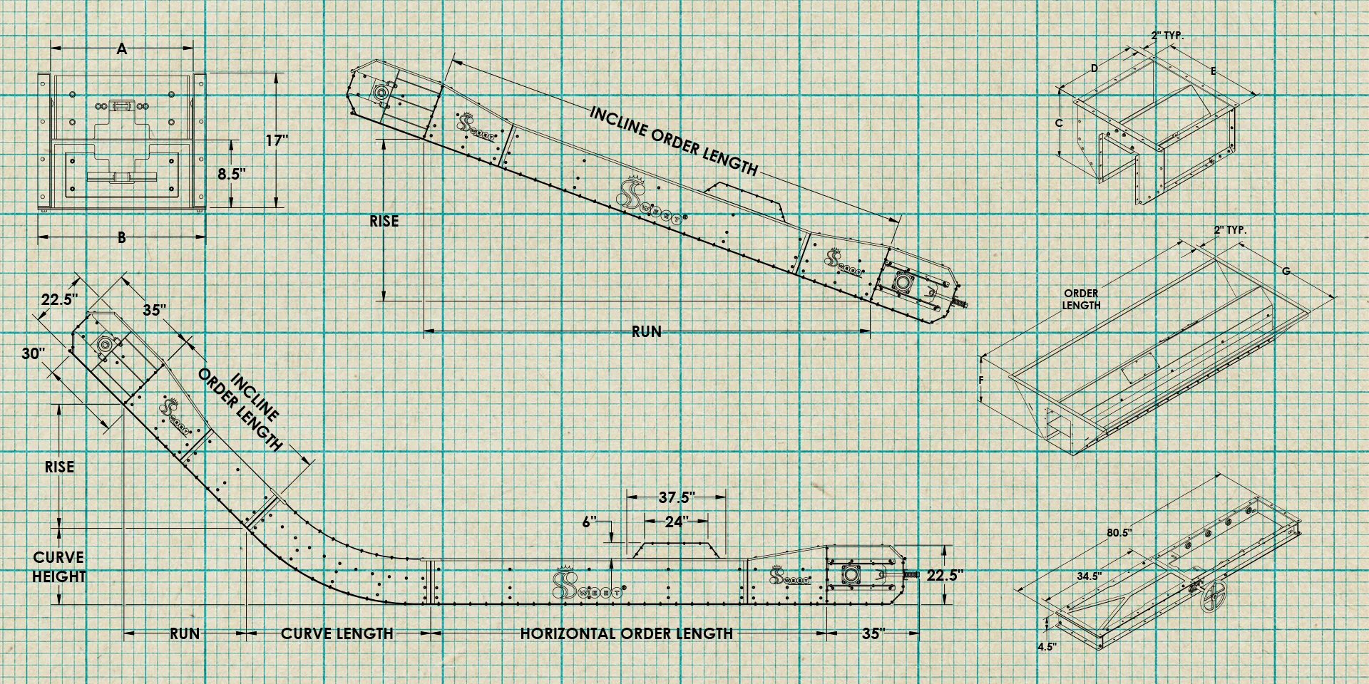 Flite-Veyor QL 17 Series Incline Flat Bottom Drag Conveyor Measurements