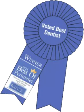 A blue award ribbon with the text "Voted Best Dentist" in the center and "Winner" along with "2023 Best of Perimeter" printed below