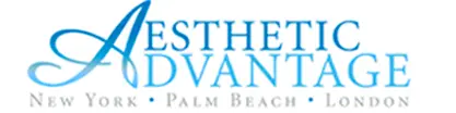 Aesthetic Advantage logo, featuring elegant blue text with locations listed as New York, Palm Beach, and London