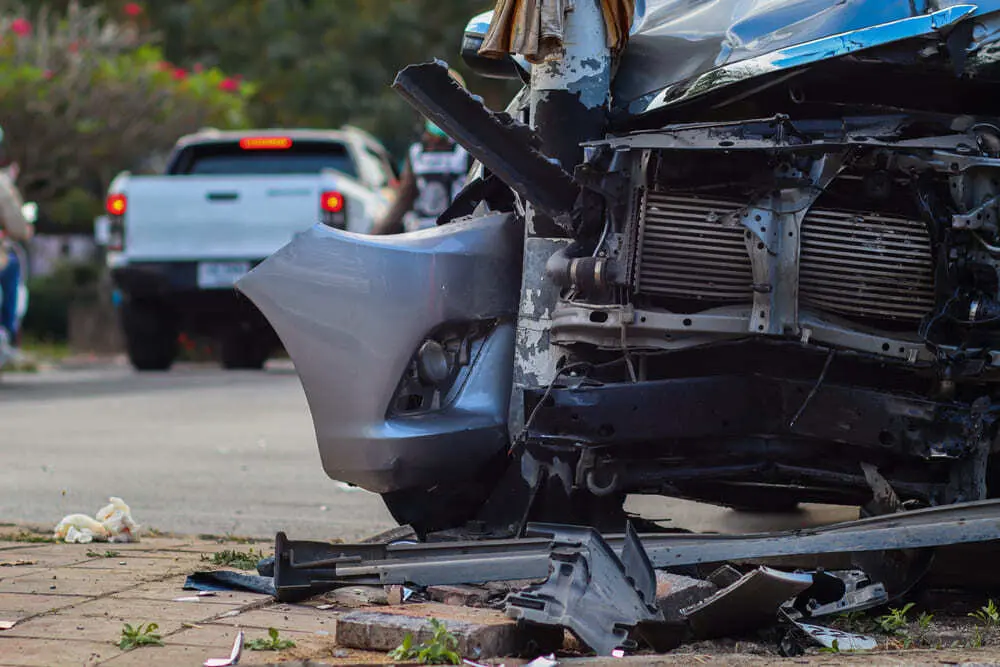 Damaged front of a truck after a road accident