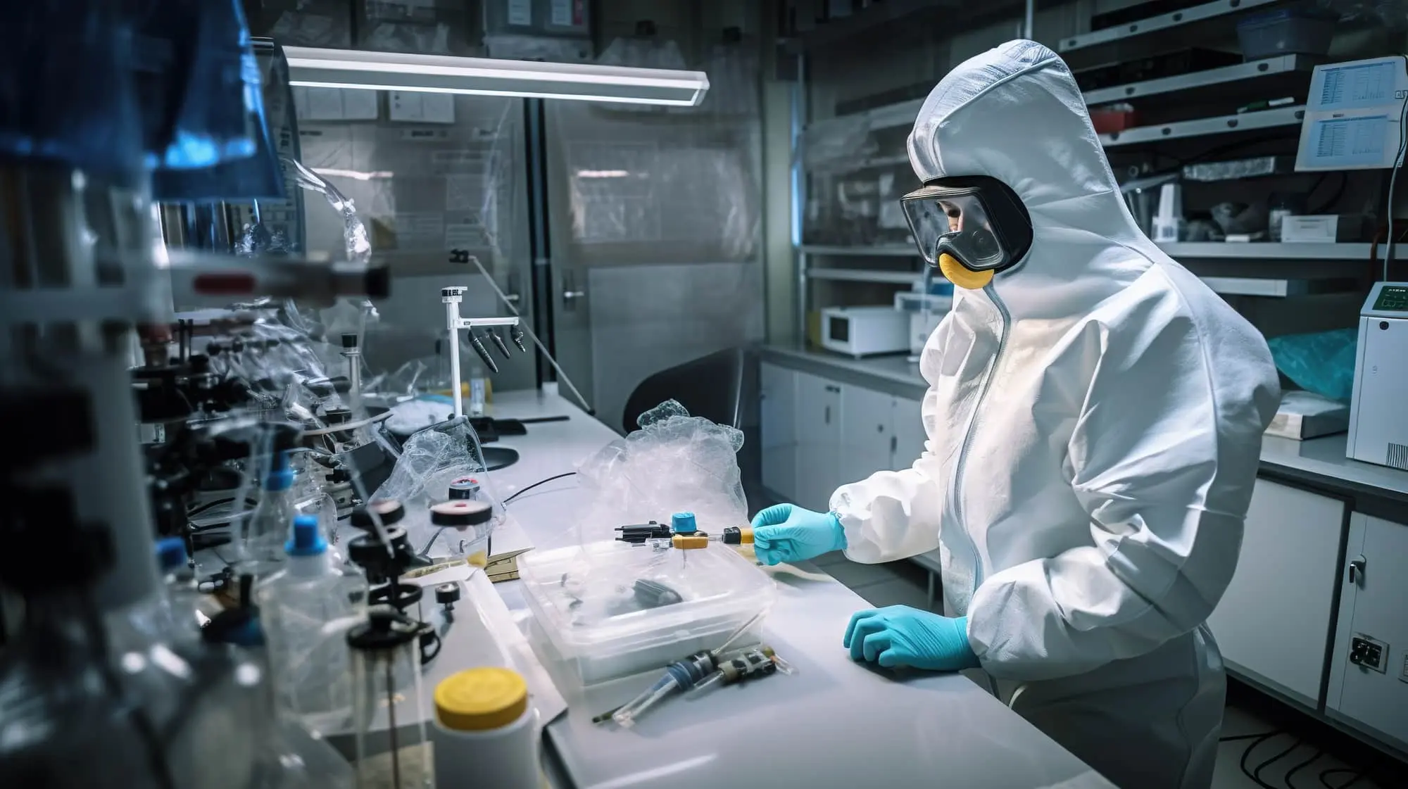 A man in a lab wearing a protective suit. AI generative