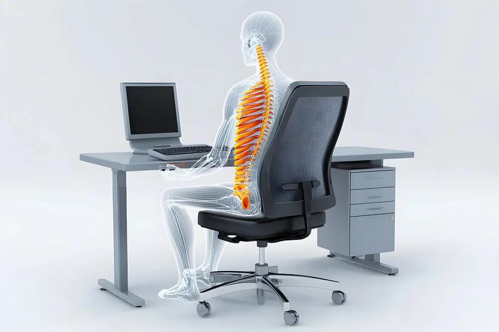 3D illustration of ergonomic office chair supporting human spine, posture correction at desk, computer workstation setup, health and wellness for proper seating, workplace comfort