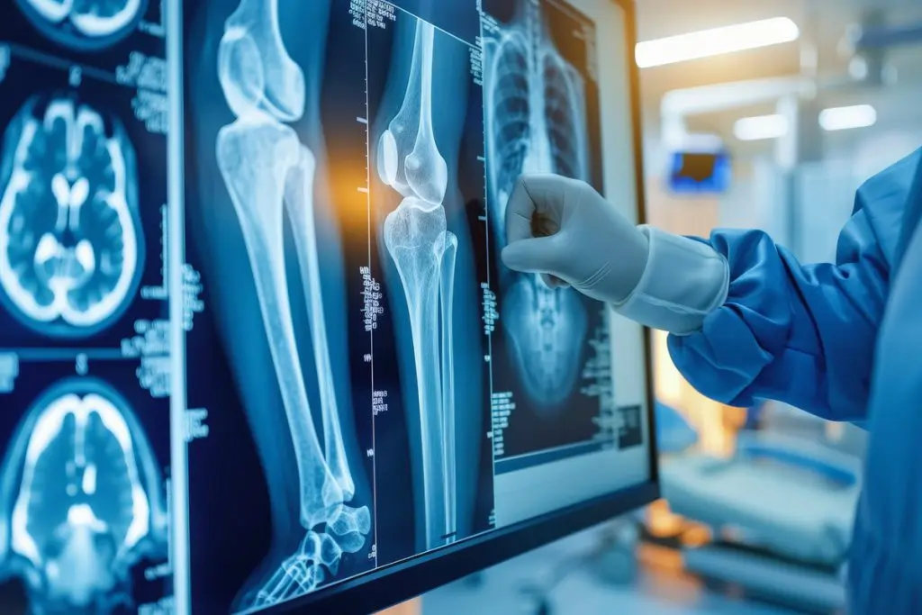 A medical professional examines a series of radiographic images, including X-rays of bones and CT scans of the head, displayed on a lightbox in a clinical setting.