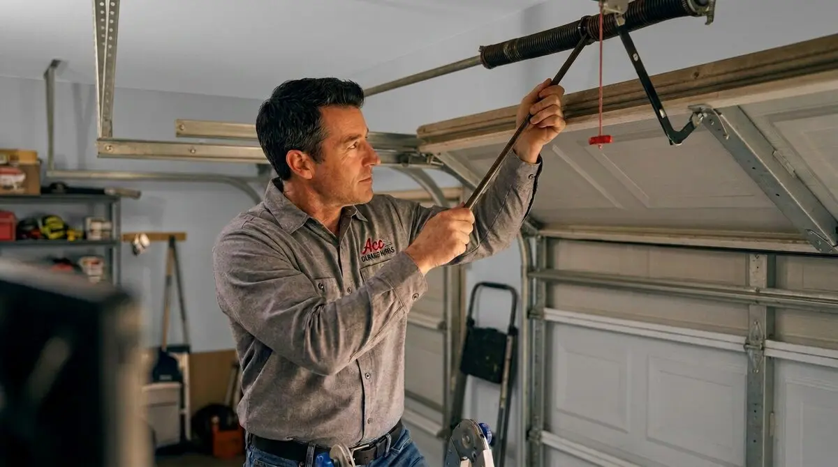 Garage door technician adjusting the torsion spring above a residential garage door