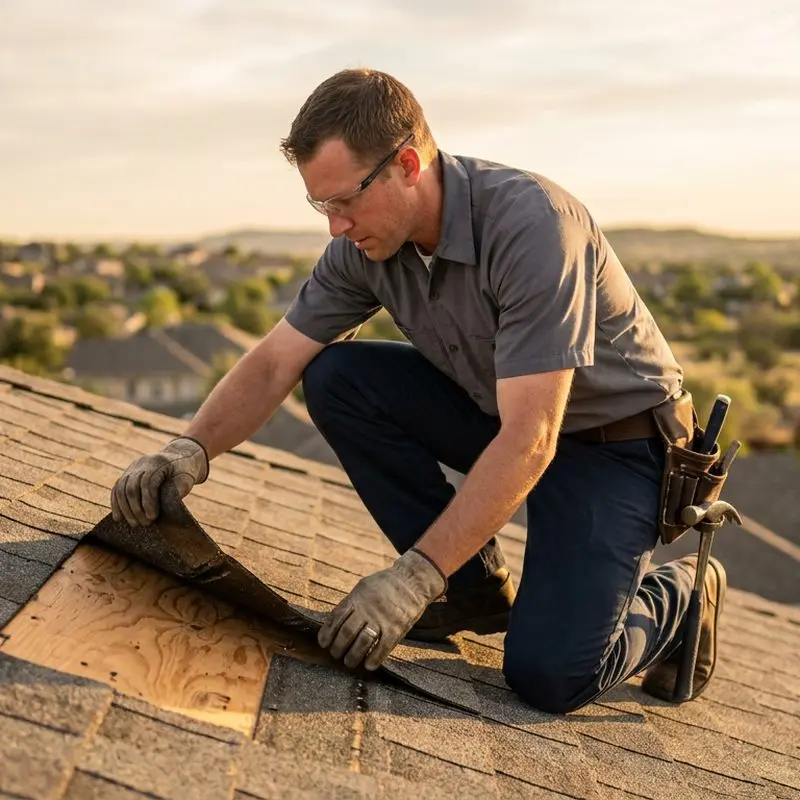 Close-up of a roofer lifting a damaged shingle