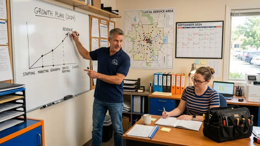 Home services leadership team planning marketing around a conference table with a wall calendar, service-area map and a dashboard of lead and booked job trends