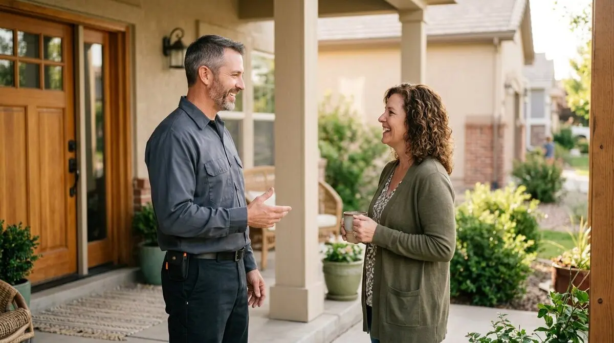 Home services business owner talking with a homeowner on a residential front porch