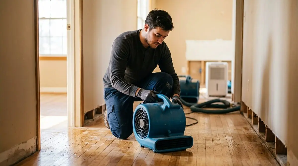 Restoration technician setting an air mover in a residential hallway after water damage