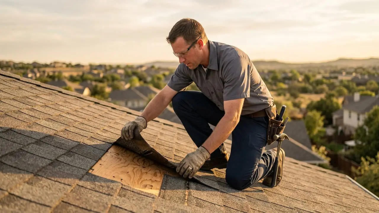 Video frame of a roofer kneeling on a shingle roof