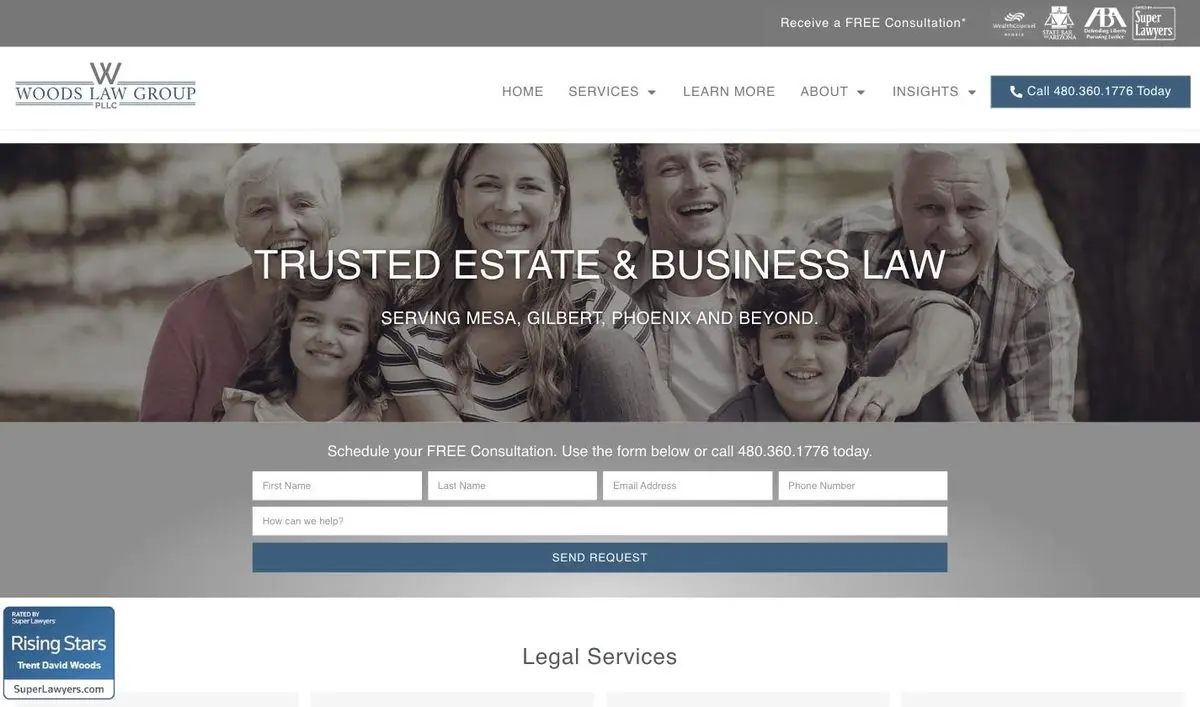 Woods Law Group website homepage, built and managed by ajile MEDIA