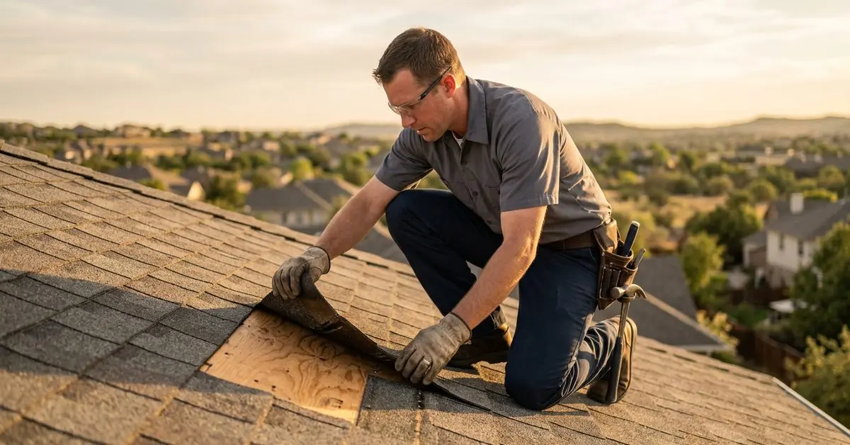 Roofer inspecting shingles on a residential roof at sunset
