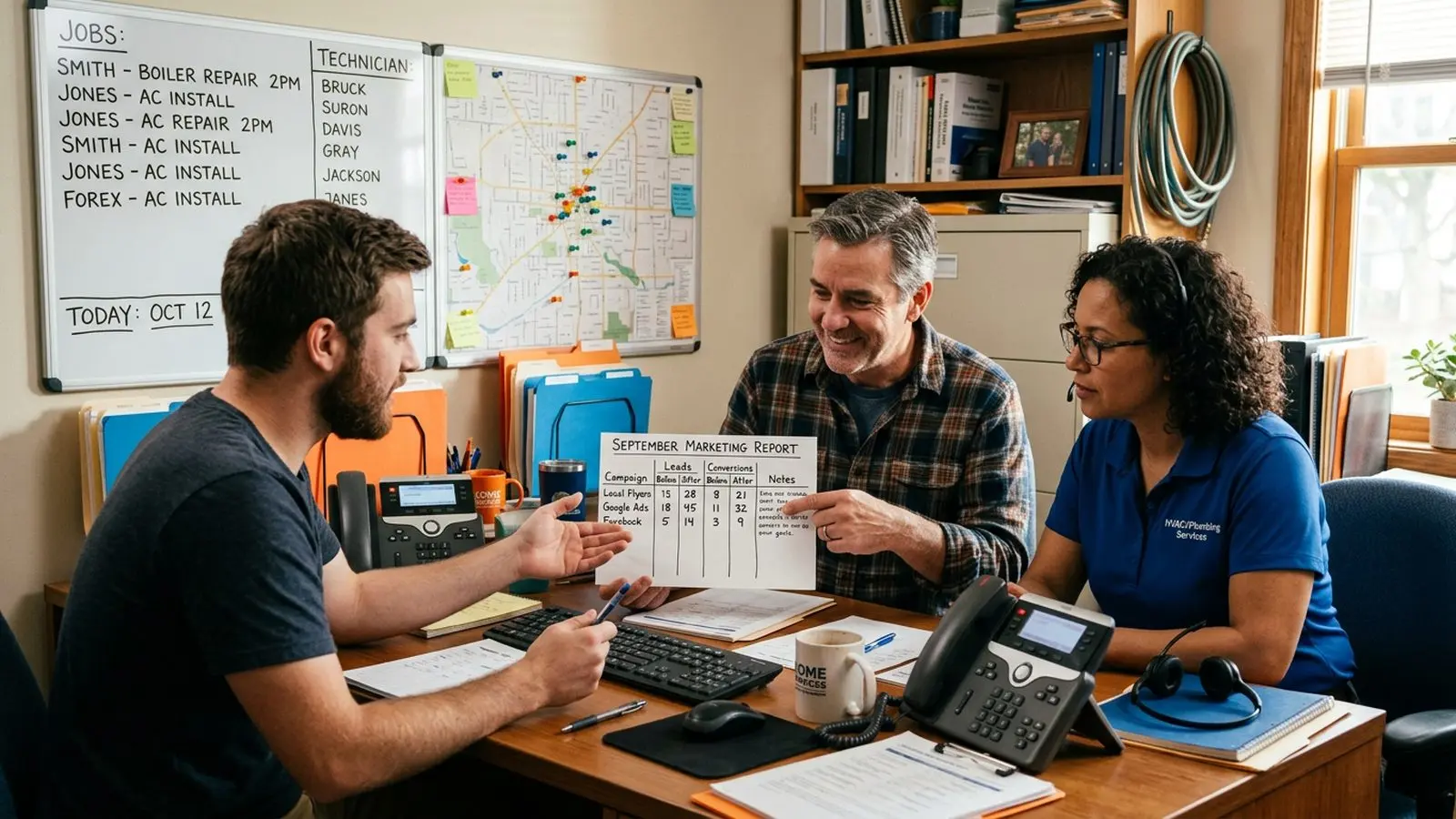 Home services owner and marketing strategist comparing ad platform lead reports with booked jobs in a CRM on two office monitors