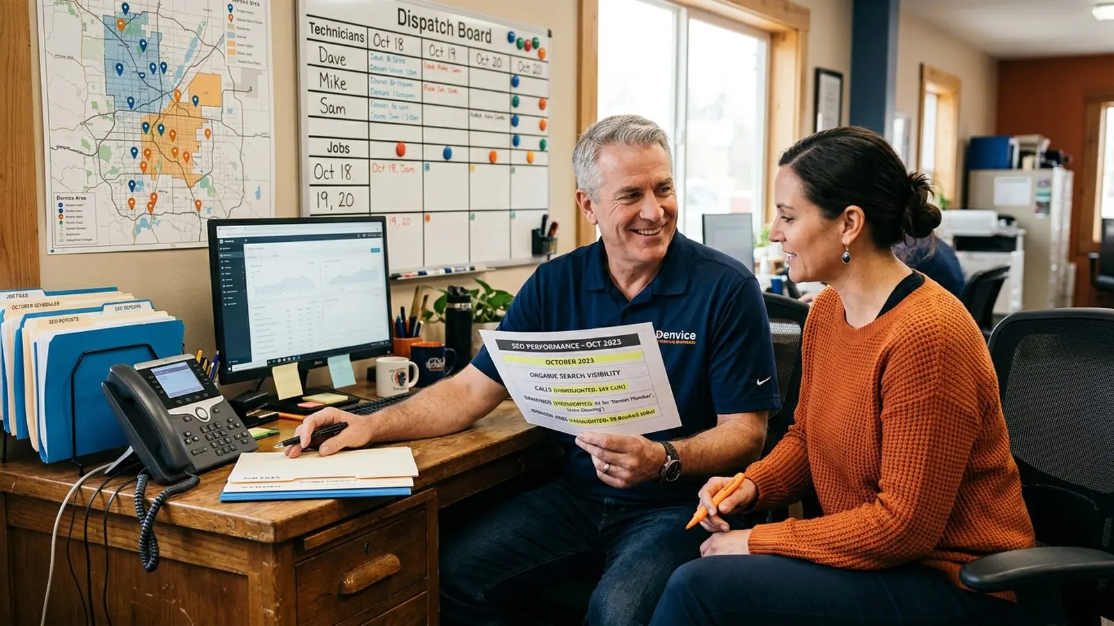 Home services owner and marketing strategist reviewing a one-page performance report showing leads, booked jobs and revenue on a large office monitor