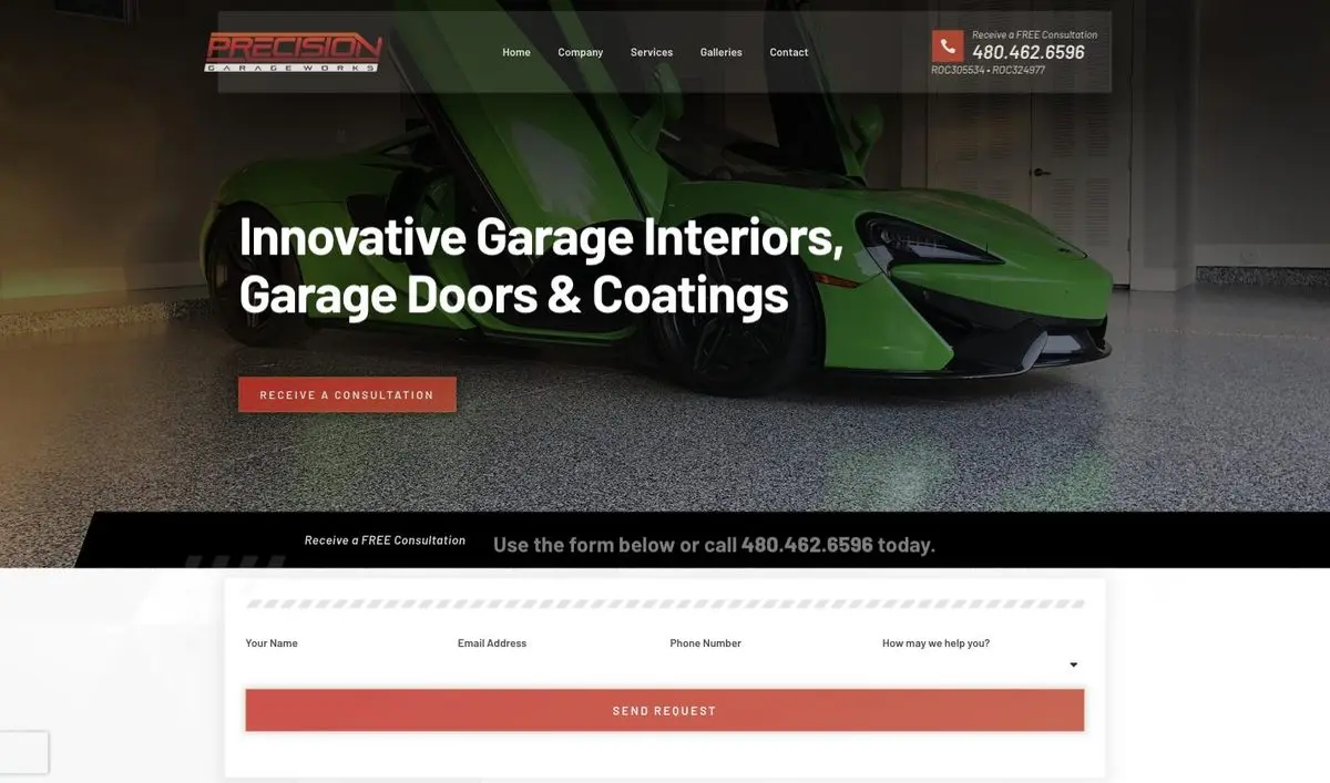 Precision Garage Works website homepage, built and managed by ajile MEDIA