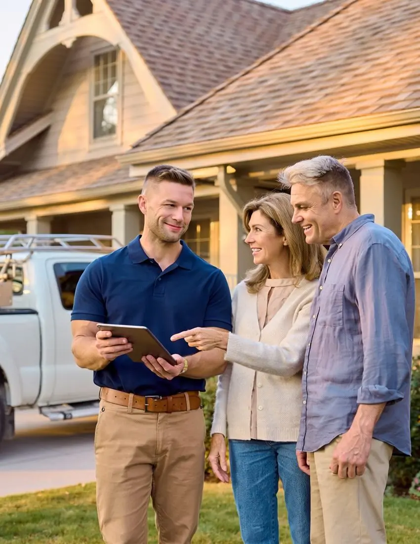 Guide cover photo: roofing estimator with homeowners in front of their house