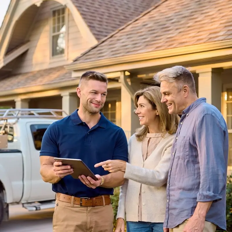 Roofing estimator showing homeowners inspection photos on a tablet