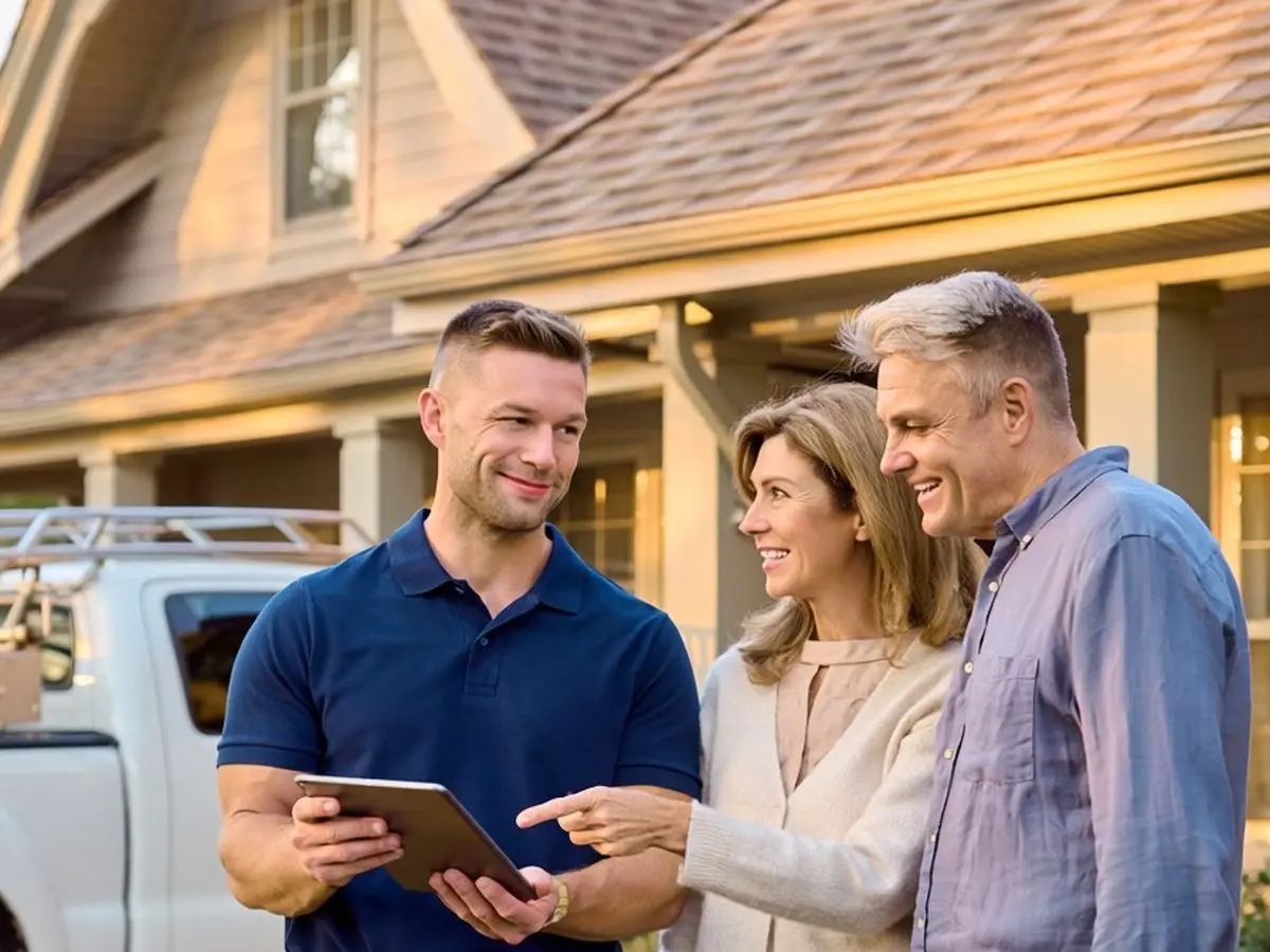 Roofing estimator showing homeowners inspection photos on a tablet
