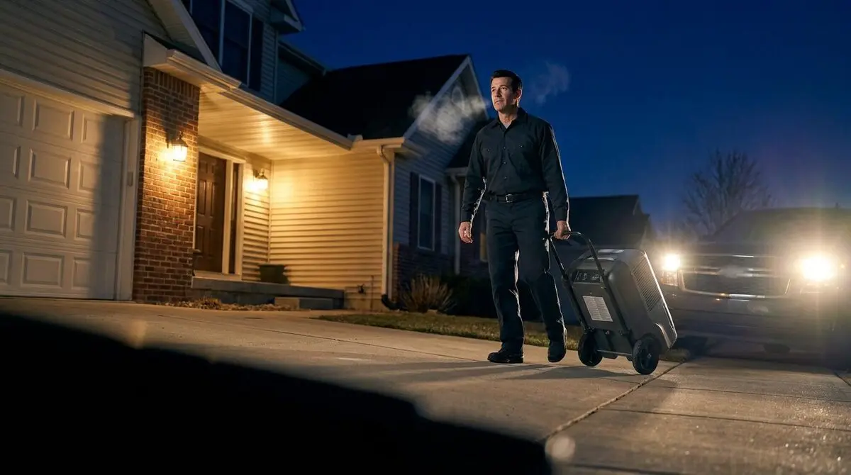 Restoration technician arriving at a home at night with equipment for an emergency water loss