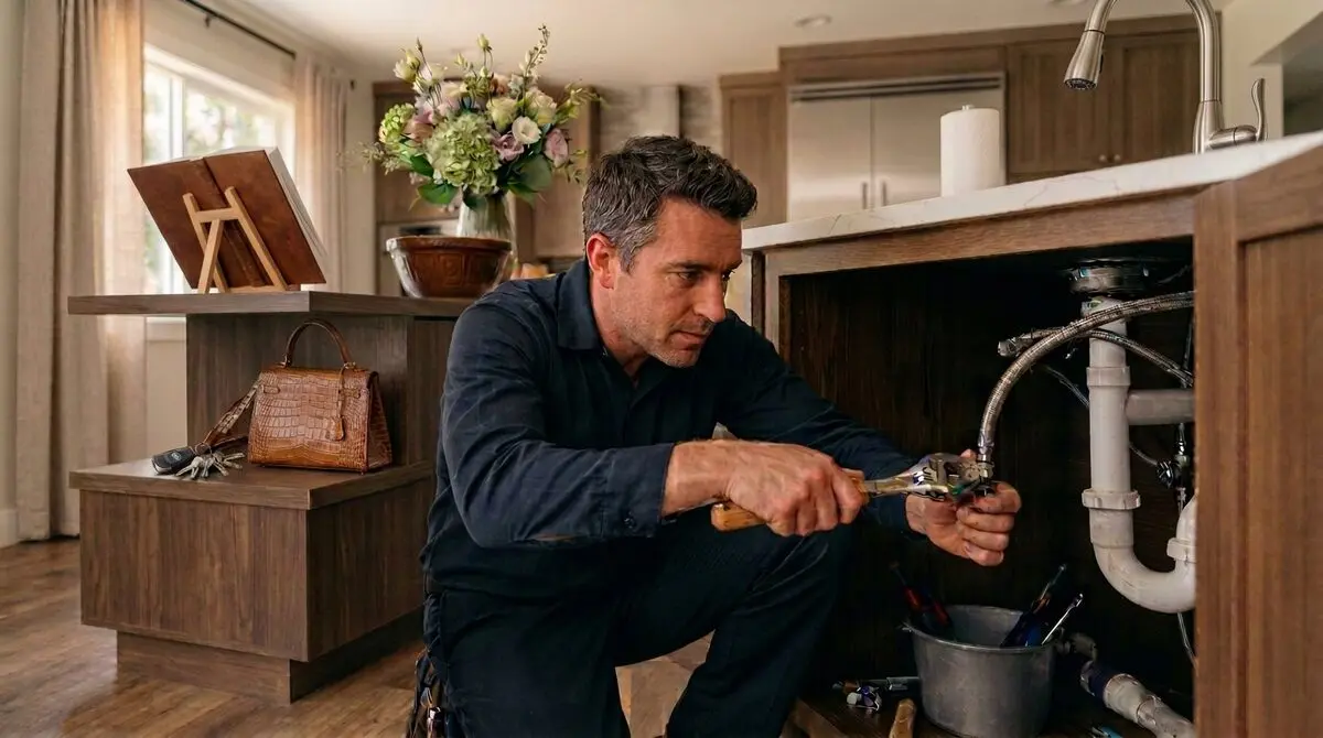 Plumber tightening a shutoff valve under a residential kitchen sink