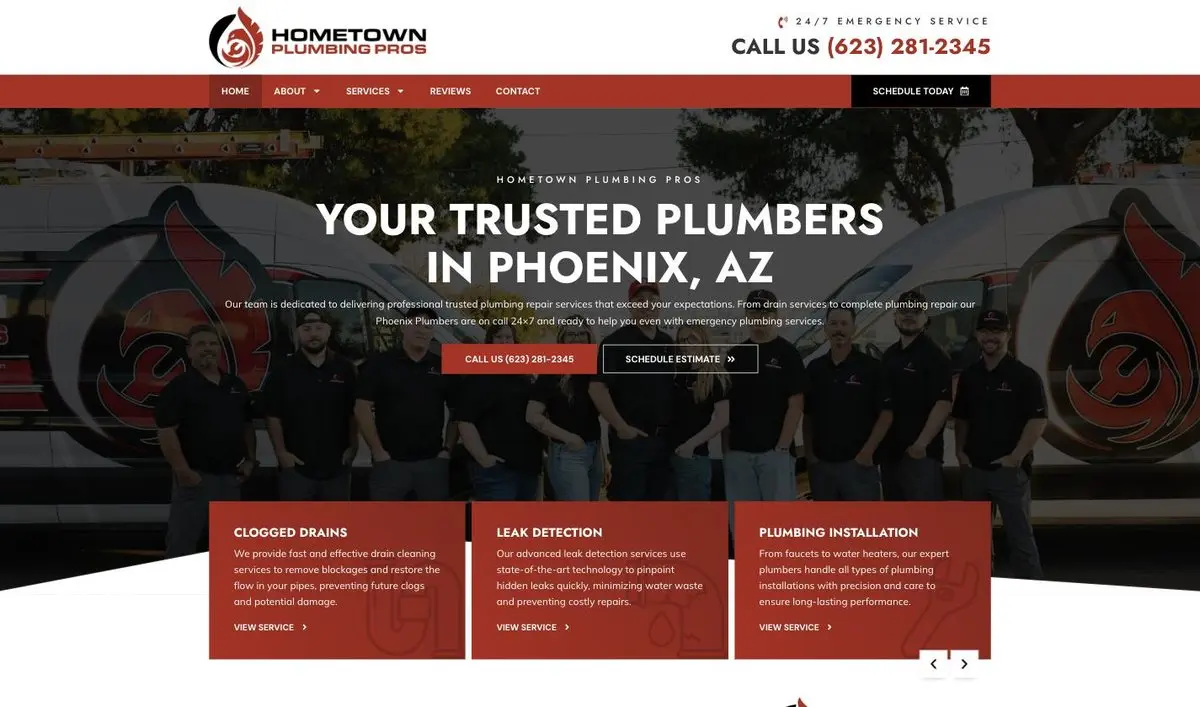 Hometown Plumbing Pros website homepage, built and managed by ajile MEDIA
