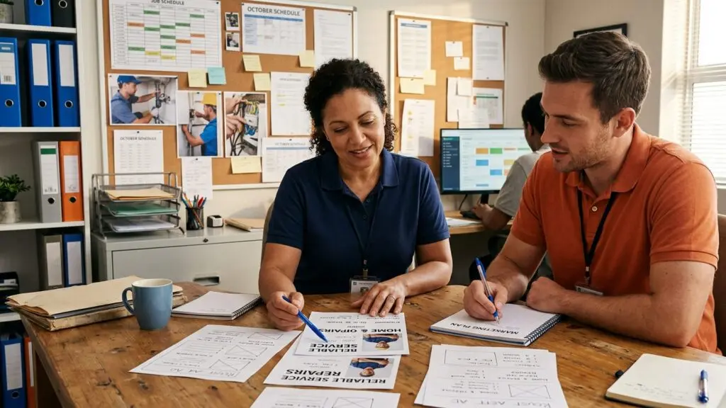 Roofing company owner and paid media strategist reviewing several distinct Facebook ad concepts and home service lead results on a desktop monitor in a sunlit office