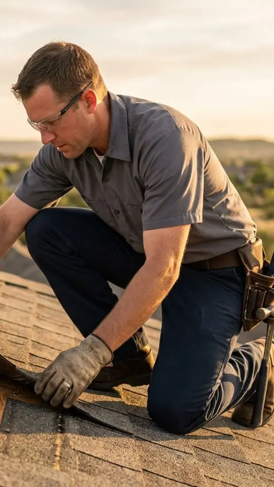 Vertical video frame of a roofer on a shingle roof