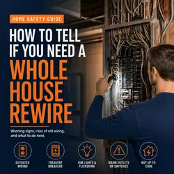 Electrician inspecting home wiring for signs a whole house rewire may be needed, illustrating electrical safety upgrades for older homes.