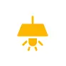 Simple yellow icon of a hanging ceiling light fixture with light rays shining downward.