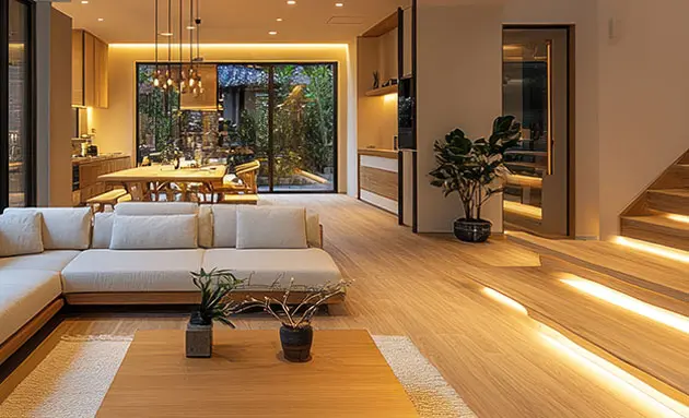 Modern open-plan living and dining area lit with recessed ceiling lights, hanging pendant fixtures, and soft LED lighting along wooden stairs.