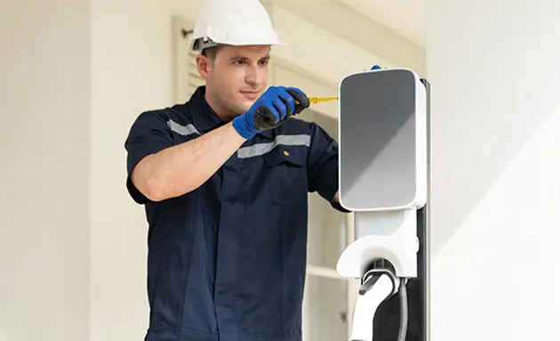 Professional EV charger installation in Albuquerque, New Mexico, with a licensed electrician mounting and wiring a home charging station.