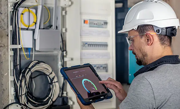 Electrician in a hard hat and safety glasses reviewing diagnostics on a tablet beside an open panel with organized low-voltage cabling.