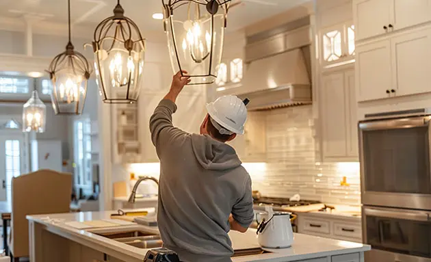 Electrician in a hard hat installing glass lantern pendant lights above a marble island in a bright, newly finished white kitchen.