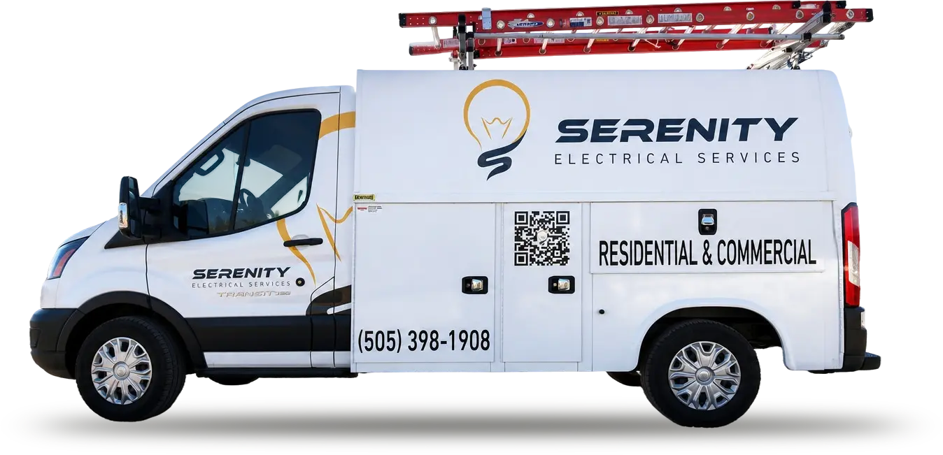 Serenity Electrical Services van serving Albuquerque, New Mexico, outfitted with a roof ladder for residential and commercial electrical work.