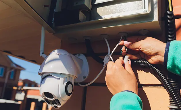 Technician's hands connecting cabling to an outdoor dome security camera mounted on a building exterior beside a junction box.