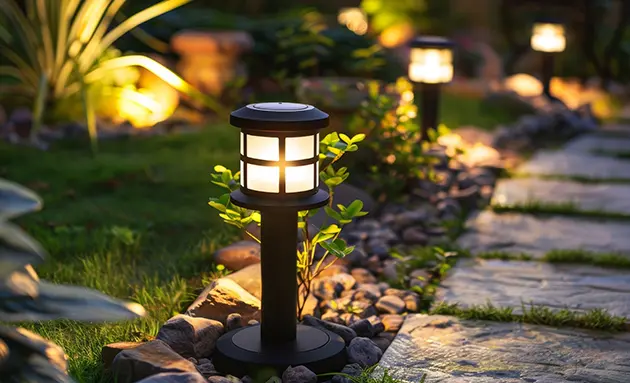 Row of warm lantern-style landscape lights glowing along a stone garden walkway edged with plants and rocks at dusk.