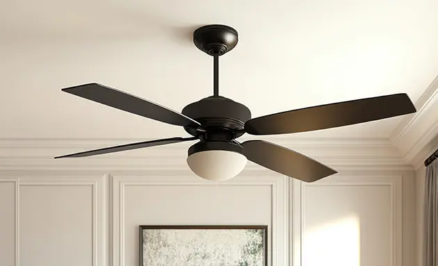 Contemporary black five-blade ceiling fan with a frosted center light mounted on a white ceiling in a bright, elegant room.