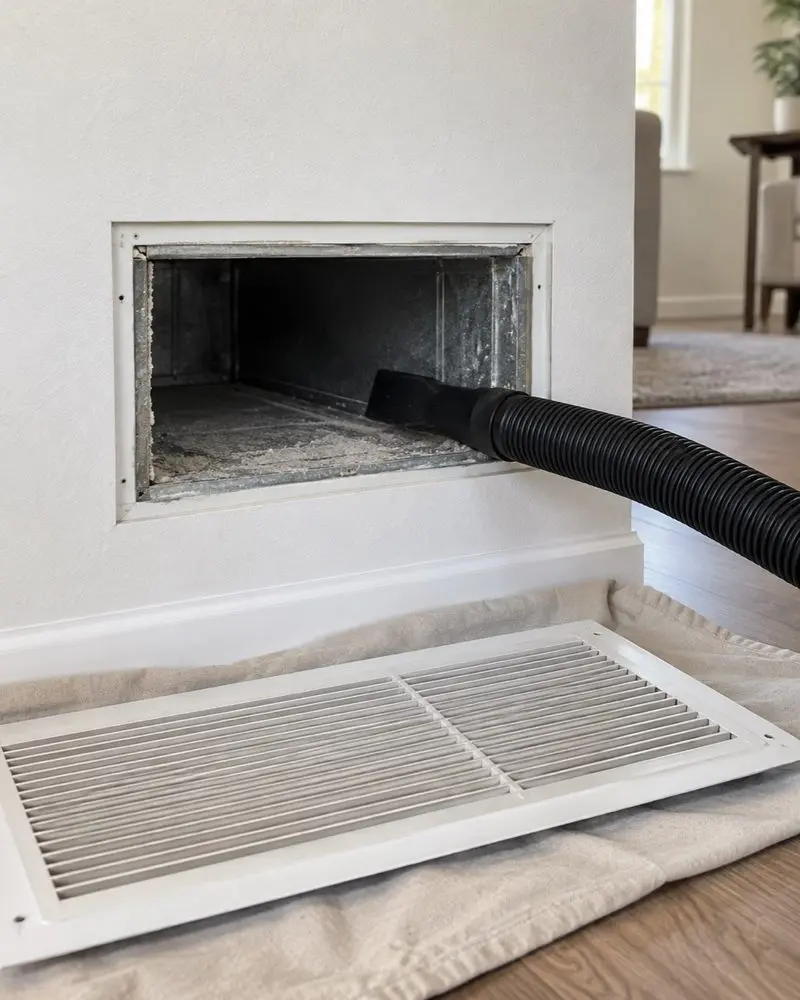 Return-air duct opening with a cleaning hose and removed grille