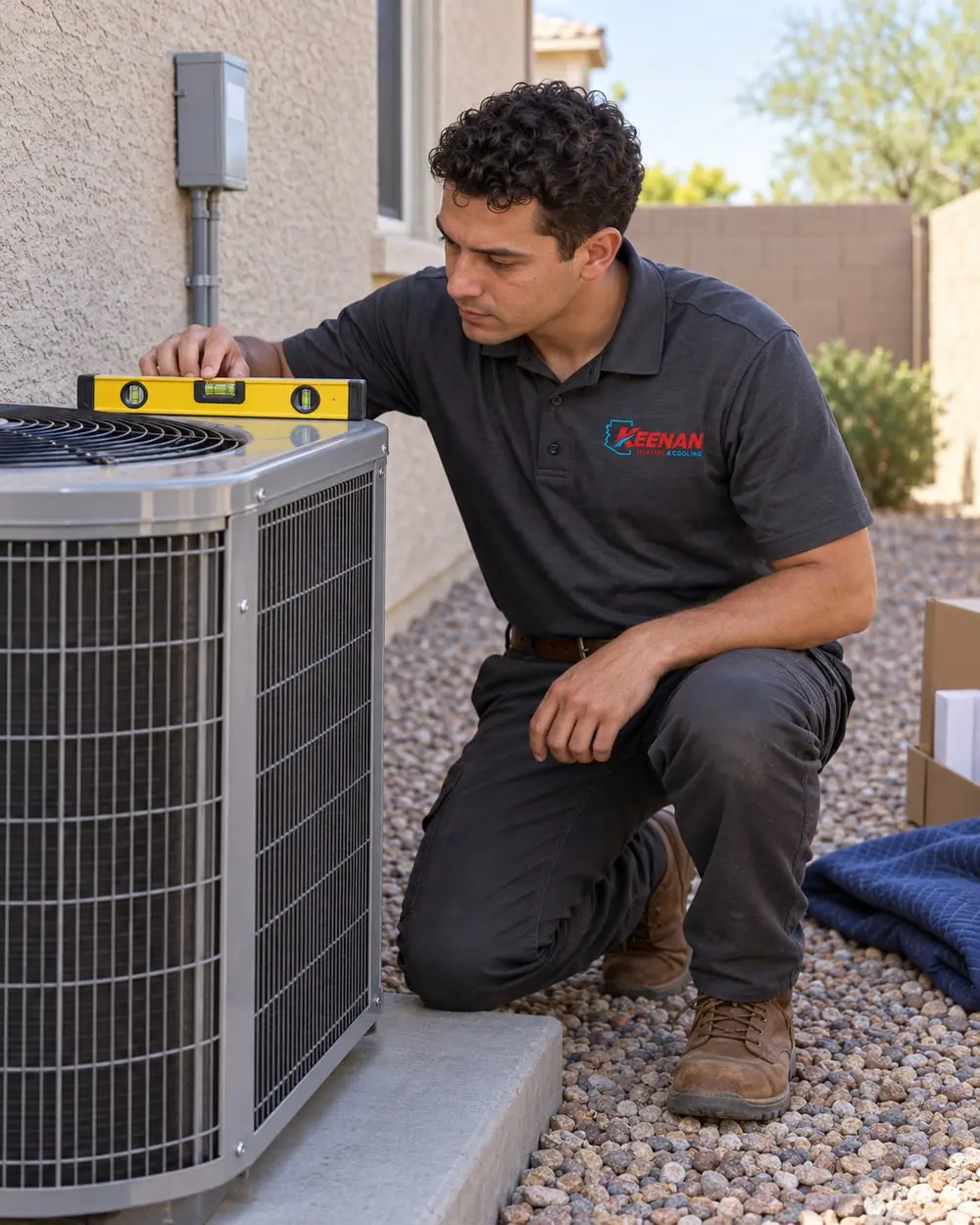 Uniformed installer checking that a newly placed AC unit is level