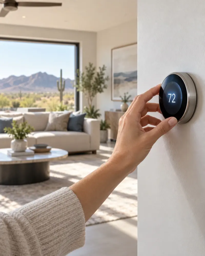 Homeowner adjusting a thermostat in a bright living space
