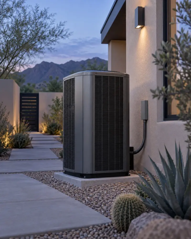 Outdoor HVAC equipment beside a desert-style home