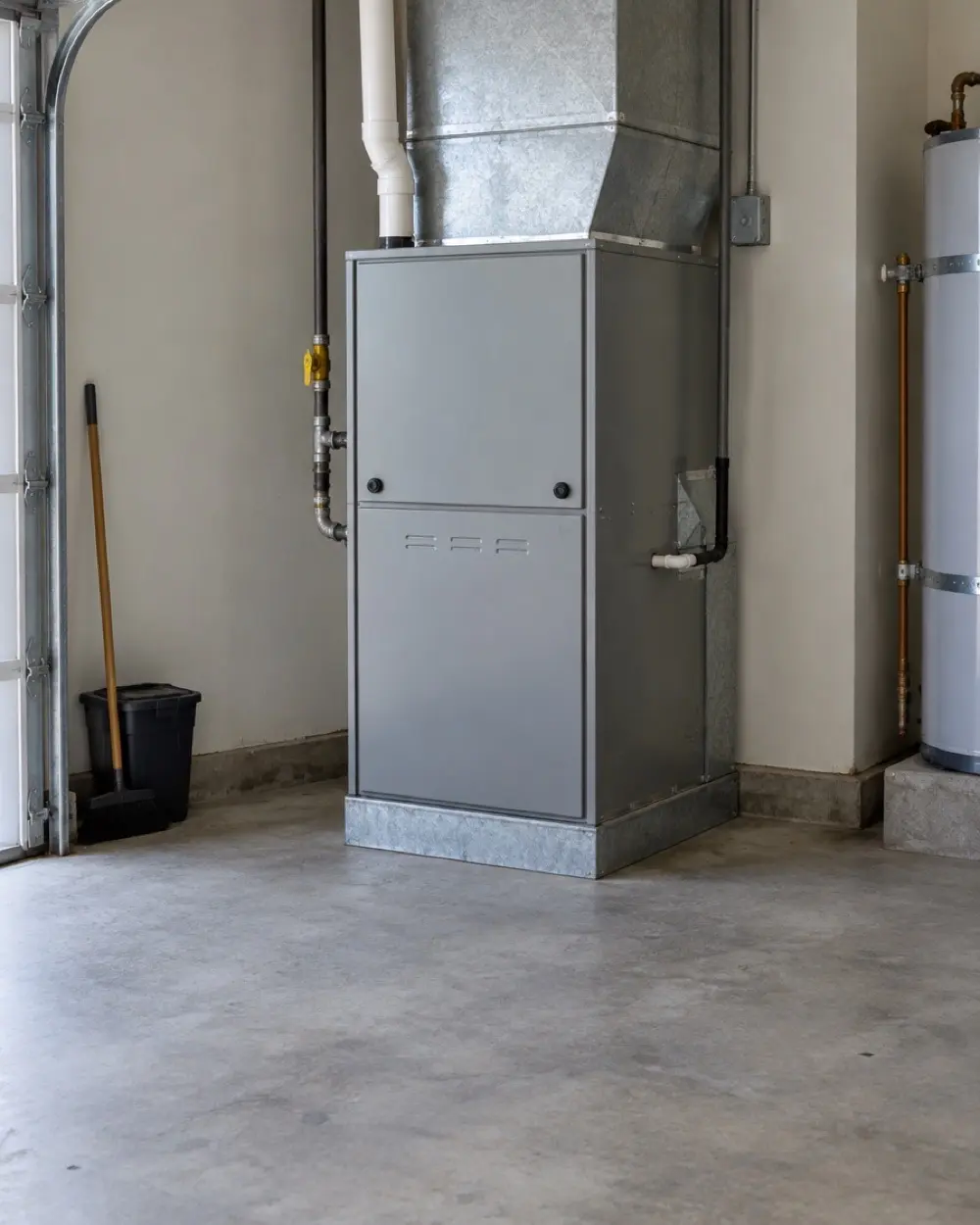 Residential furnace in a garage utility area