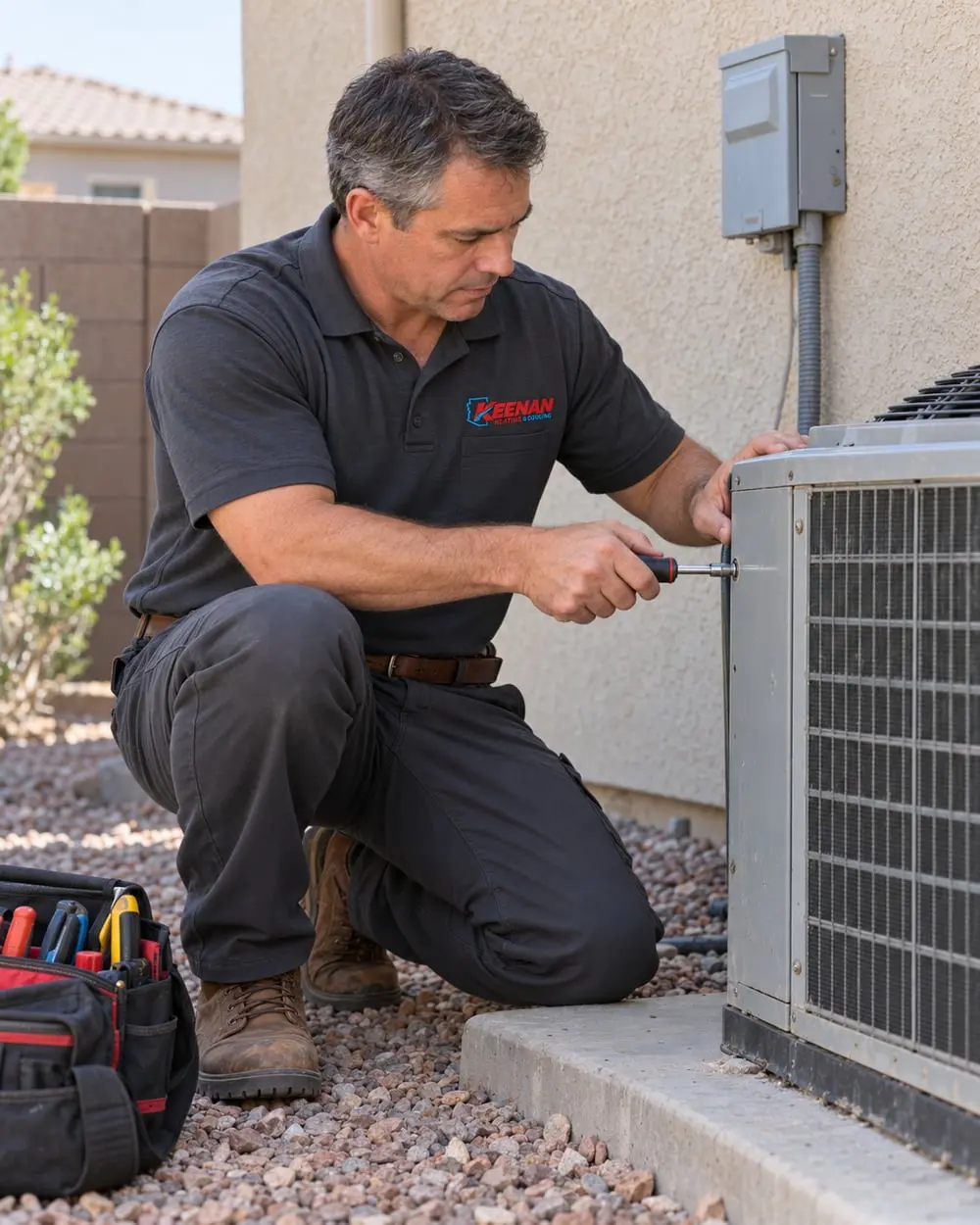 Uniformed technician securing an outdoor AC unit's service panel