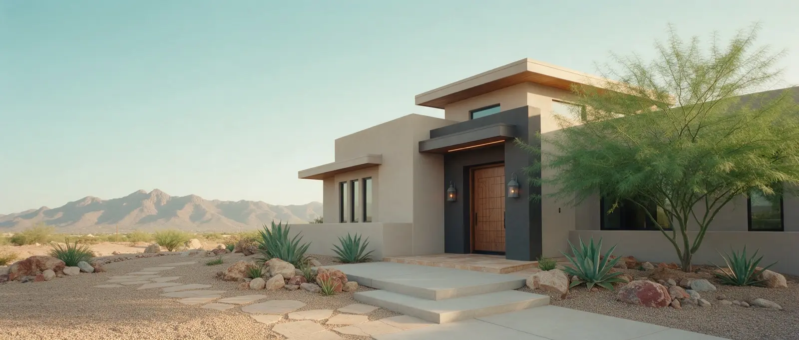 Illustrative desert-style home with mountain surroundings