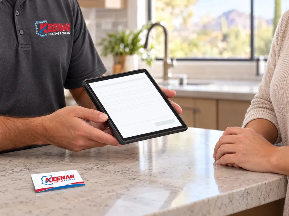 A technician in a Keenan shirt holding a tablet with a form across a kitchen counter from a homeowner